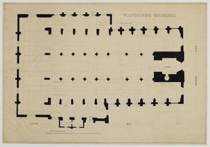 216464 Plattegrond van de Buurkerk te Utrecht; met weergave van een plan tot inrichting van de kerk als markt met ...